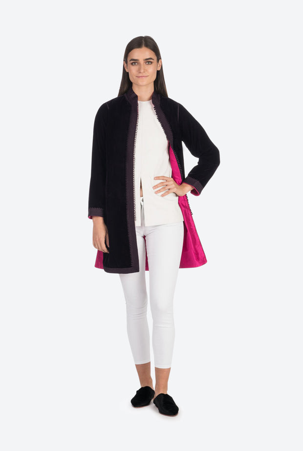 Aubergine Velvet Tunic Coat with Fuchsia Silk Lining
